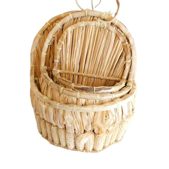 Vintage Woven Corn Cob Husk Hanging Stacking Baskets Fall Autumn SET OF 3 READ - Picture 2 of 11